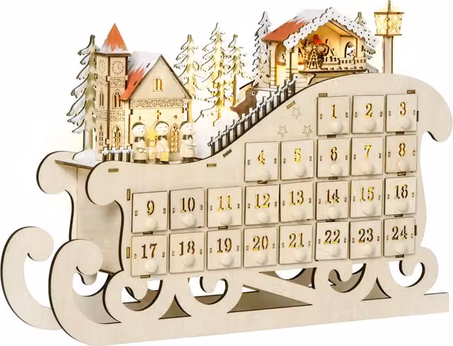 Calendario dell'Avvento di Natale HOMCOM in legno a forma di slitta con 24 cassetti, decorazioni e luci a LED, L 45 cm, P 10 cm, H 31 cm