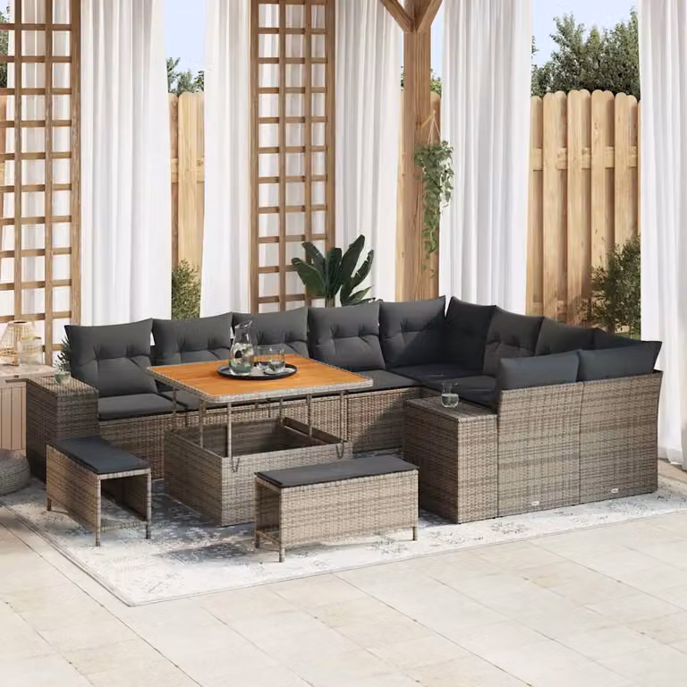 Set Divano da Giardino Moderno vidaXL in Polyrattan Grigio con Cuscini e Tavolino da 12 Pezzi
