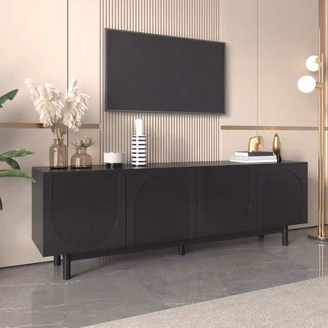Mobile TV con 4 ante push-to-open e ripiani regolabili, per soggiorno, in MDF e truciolare, nero, 175 × 38 × 56 cm