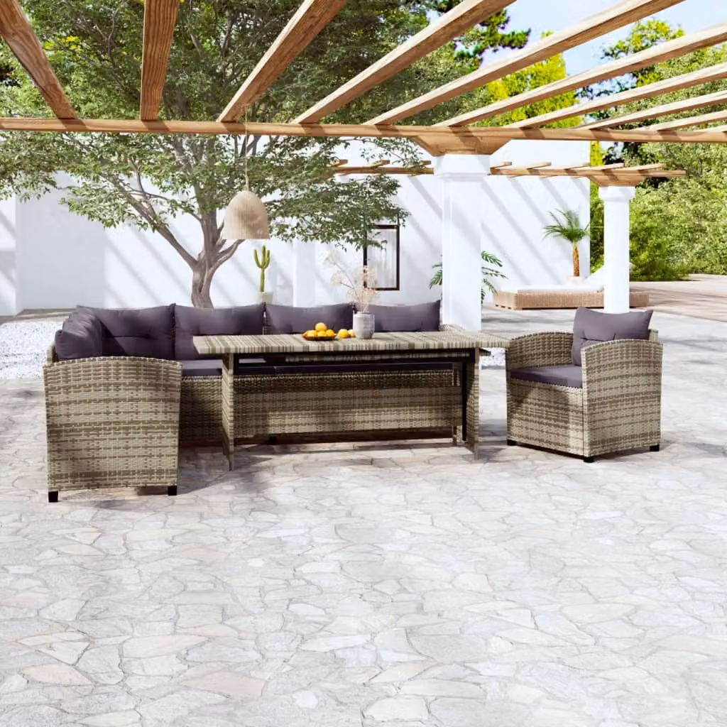 The Living Store Set da giardino 3 pezzi con cuscini in poly rattan grigio