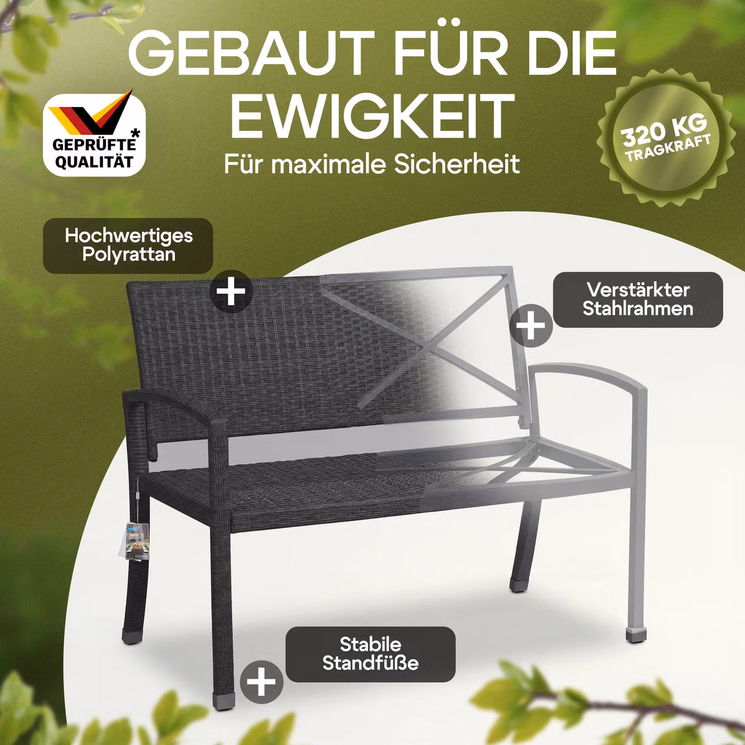 Panca da giardino Casaria a 2 posti in polyrattan nero con cuscini L: 122 cm, P: 87 cm, H: 60 cm – 4