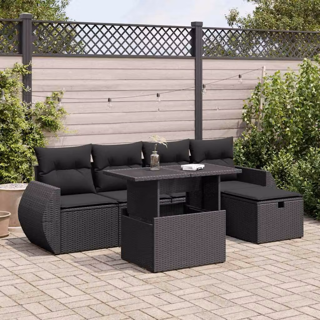 Set Divano da Giardino vidaXL 6 pz in Polyrattan Nero con Cuscini e Tavolino da Esterno
