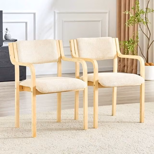 Set di 2 sedie da pranzo MINIMAL con braccioli in tessuto boucle e legno in stile scandinavo, colore beige/bianco