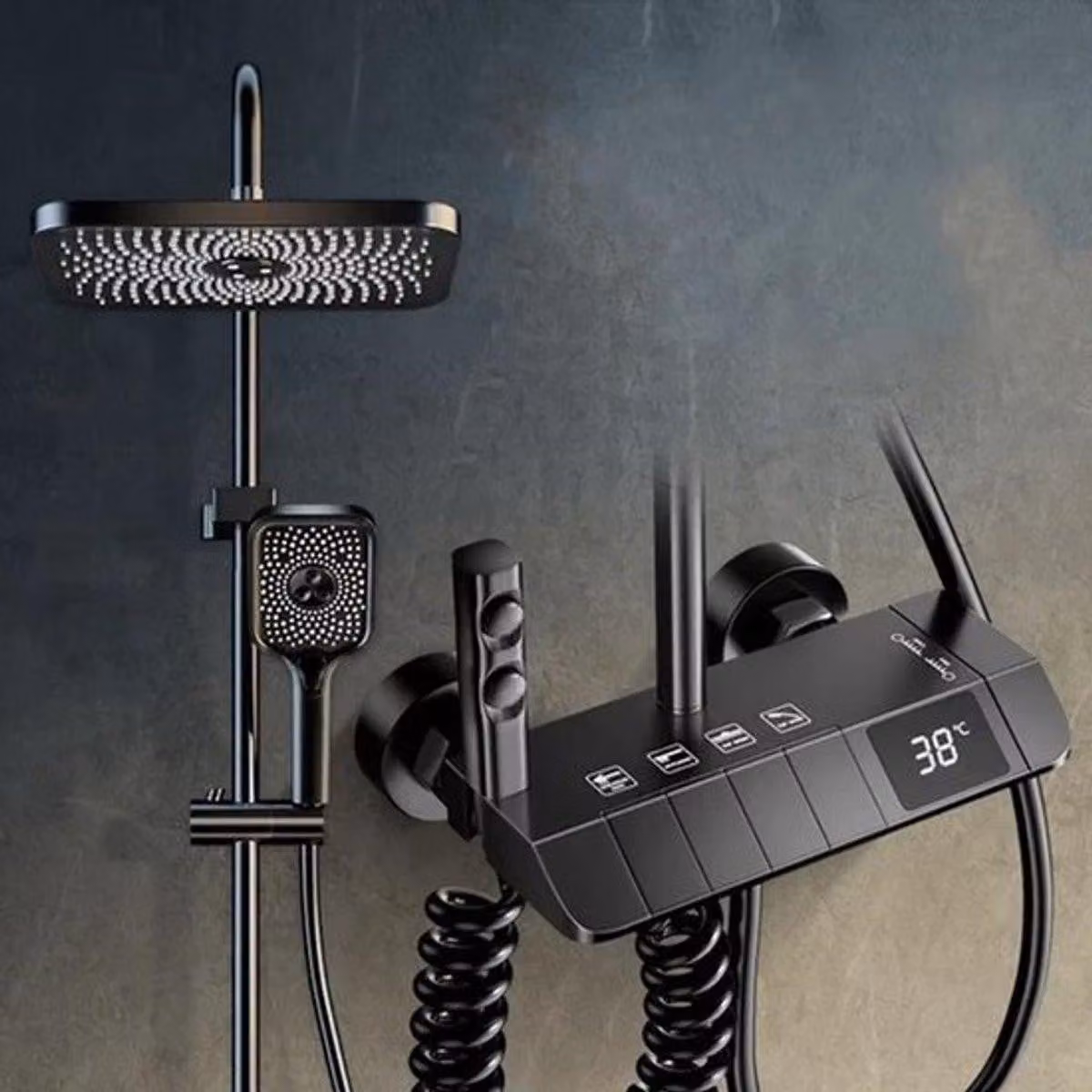 Set di docce con display LED digitale, finitura in ottone bianco e design regolabile in altezza