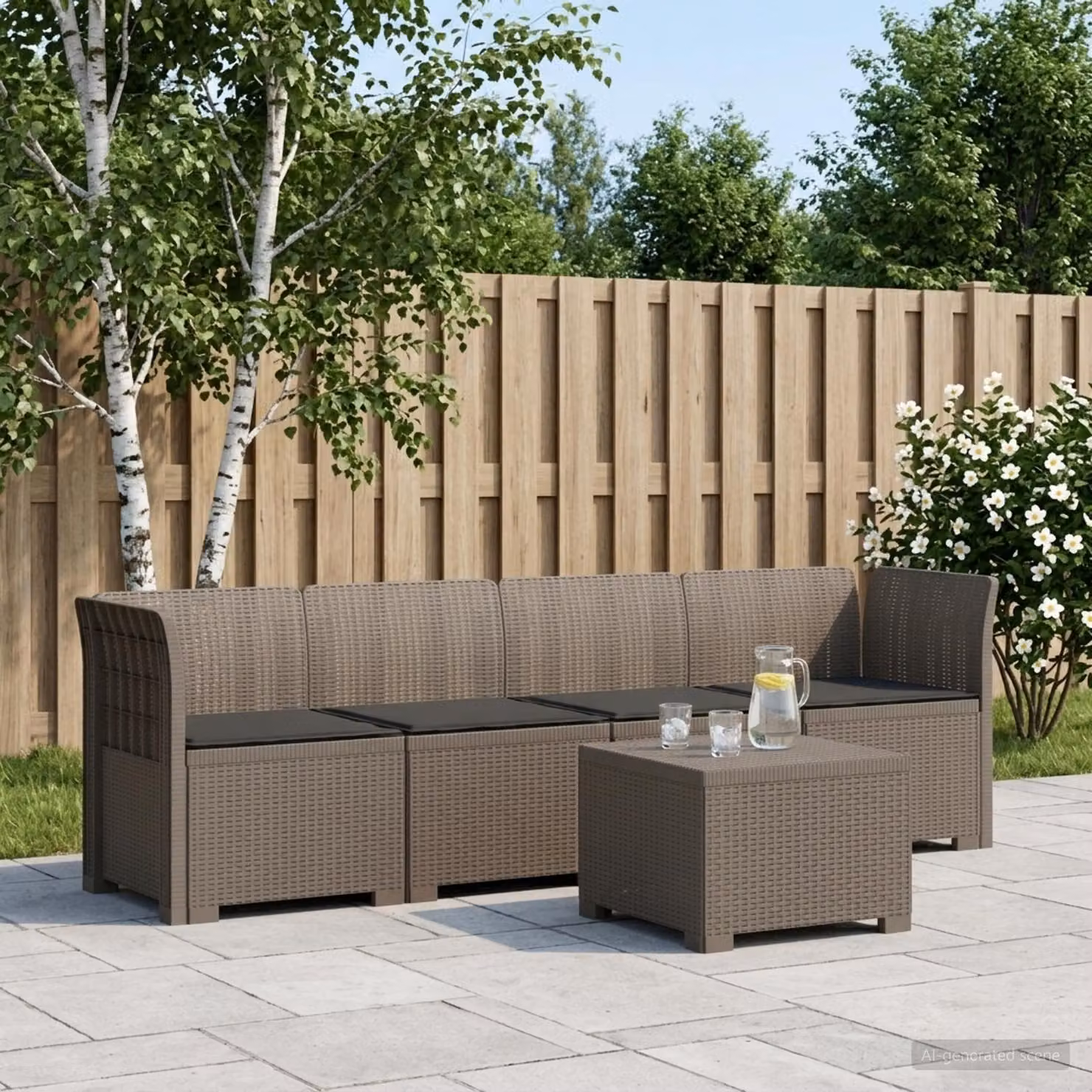Set da giardino moderno vidaXL con divano angolare a 4 posti, tavolino e cuscini in stile rattan, resistente alle intemperie e ai raggi UV, disponibile in grigio, antracite o marrone