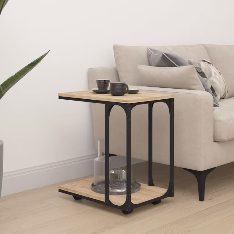 Tavolino con ruote vidaXL in legno e metallo color rovere, L: 50 cm, P: 35 cm, H: 55,5 cm