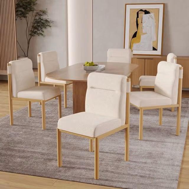 Set 6 Sedie da Pranzo ¨C Minimal ¨C Beige, Rivestimento Tessuto Sherpa, Struttura Effetto Legno, Imbottite