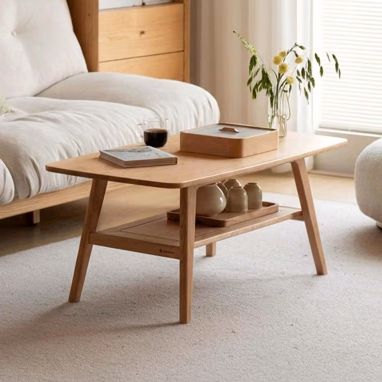 Tavolino da caffè in legno massello di quercia, dimensioni 80x50x44 cm, con 2 ripiani, finitura naturale