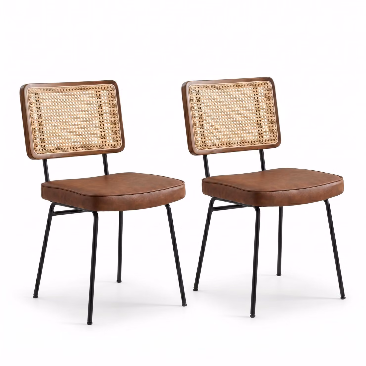 LVHOM Set da 2 sedie da sala da pranzo inPoliuretanoe legno massello, sedia imbottita con effetto rattan, sedia da cucina con gambe in metallo, marrone