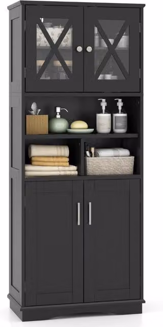 Armadio da bagno alto-Mobiletto da bagno con porte in acrilico e 3 cubi, Armadio da terra salvaspazio con ripiani regolabili Nero