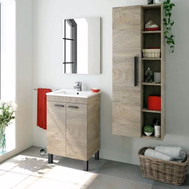 Sorico, set Mobili Bagno Specchio Incluso, Marrone Rovere