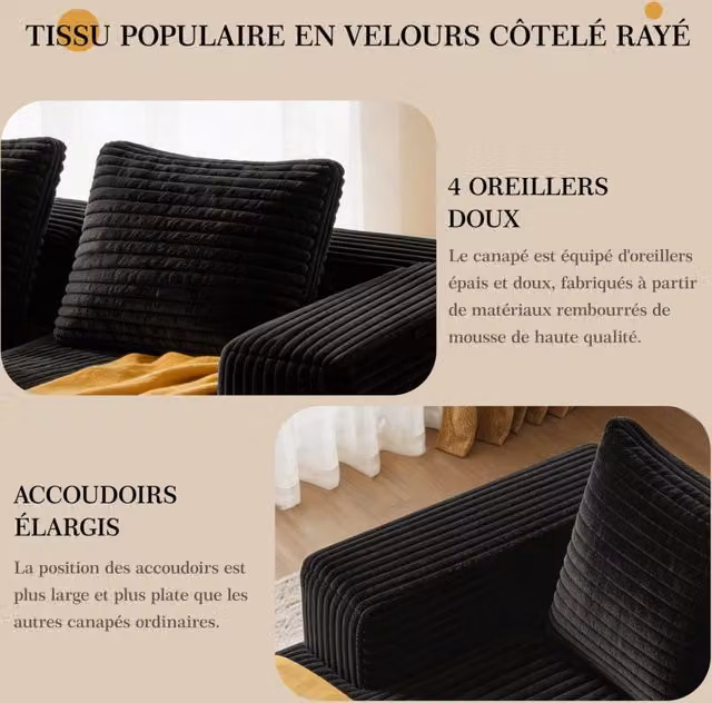 Divano modulare a forma di L con chaise longue destra in tessuto vellutato nero, salotto moderno senza montaggio