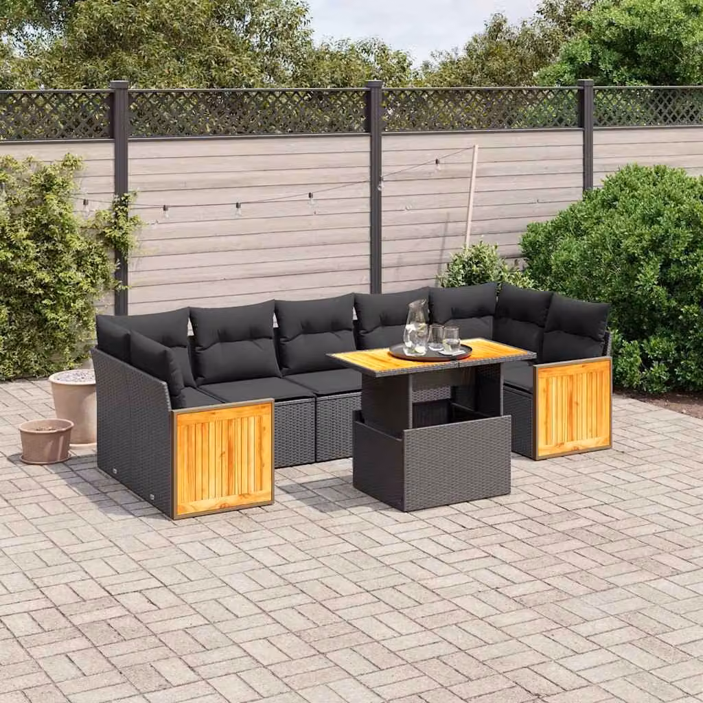 vidaXL Set Divani da Giardino Moderno in Polyrattan Nero con Cuscini e Tavolino da Esterno 8 pz – 1
