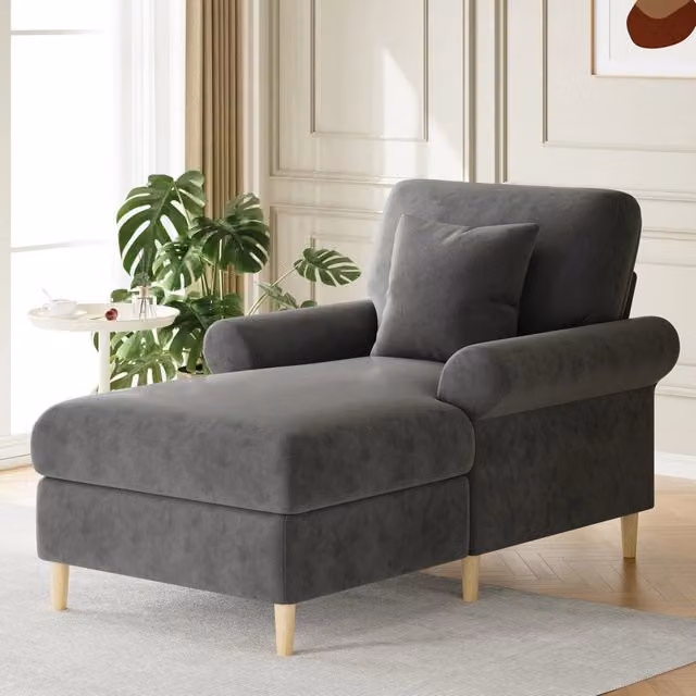 Poltrona imbottita con schienale reclinabile in velluto; 133 × 87 × 90 cm; grigia