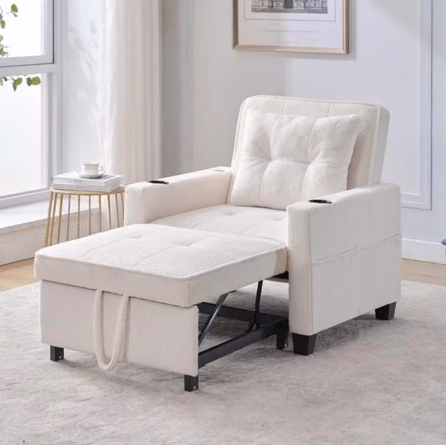 Poltrona letto 3 in 1 87x74x84 cm bianca con USB e portabicchieri, legno e metallo