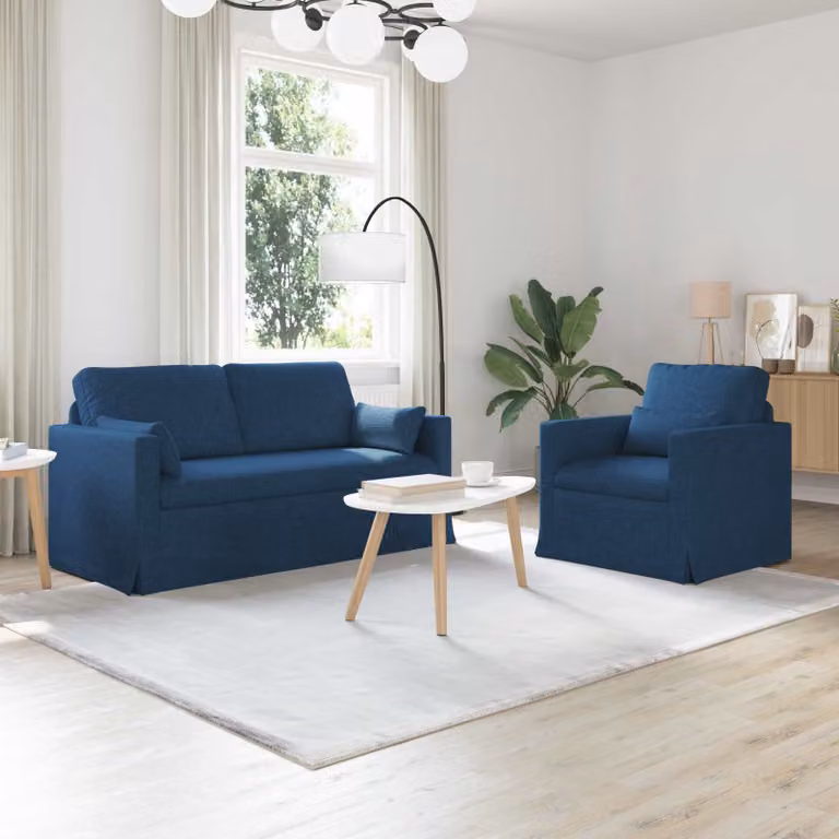 Set di 2 divani moderni vidaXL in tessuto blu con struttura in metallo, L: 158 cm, P: 78 cm, H: 80 cm