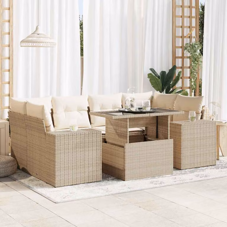 Set Divani da Giardino vidaXL 7 pz a Forma a L con Cuscini Beige e Tavolino da Esterno in Polyrattan e Metallo