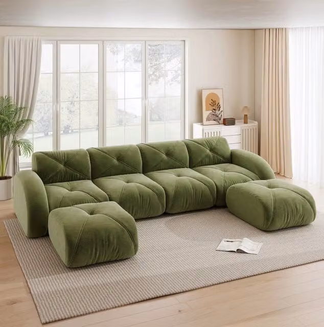 Divano modulare senza struttura in ciniglia verde con imbottitura 32D