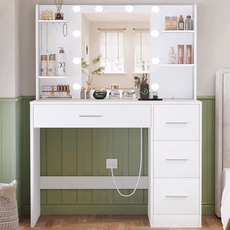 Comò da trucco con specchio e illuminazione, 3 modalità di luce, 4 cassetti, 4 ripiani aperti, bianco