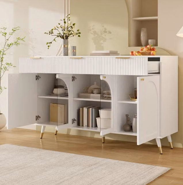 Credenza moderna bianca con 4 ante, 3 cassetti e inserti in acrilico trasparente L: 140 cm, P: 40 cm, H: 85,5 cm