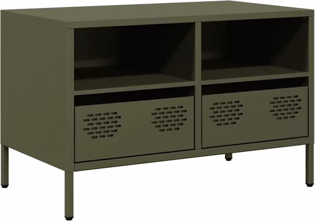 Mobile TV industriale con portaoggetti 68 x 39 x 43 cm 2 cassetti e 2 scomparti in acciaio laminato a freddo verde oliva 02_0049743