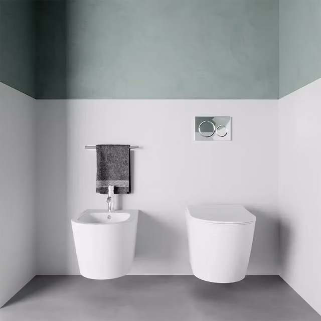 Sanitari sospesi in ceramica rimless bianco opaco: vaso, bidet e copriwc soft-close | Vienna