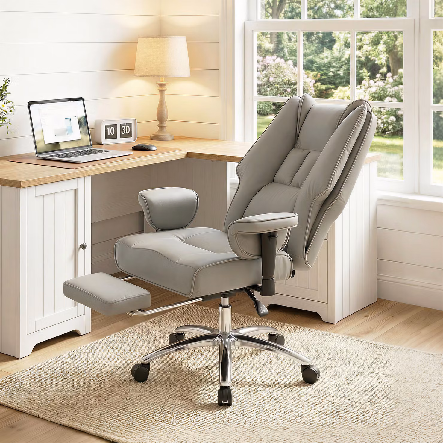 Sedia da Ufficio Ergonomica HOMCOM con Poggiapiedi e Schienale Alto, Reclinabile, in Finta Pelle Grigio Chiaro – 2
