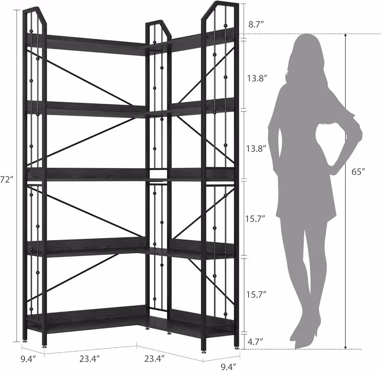Libreria angolare a forma di L - Libreria a colonna alta 183 cm - 5 ripiani aperti - Realizzata in legno e acciaio inossidabile - Resistente all'acqua - Colore nero