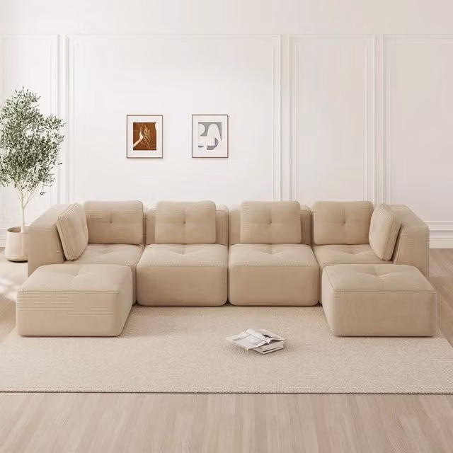 Divano angolare modulare MIVRAY in velluto a coste beige con funzione letto per il tuo soggiorno