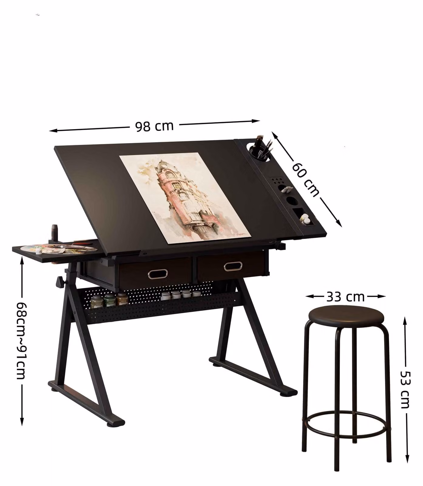 Tavolo da disegno Zimilo nero con sgabello, 2 cassetti, regolabile in altezza da 69 a 91 cm, piano inclinabile da 0 a 75°, set da disegno per ufficio e scuola