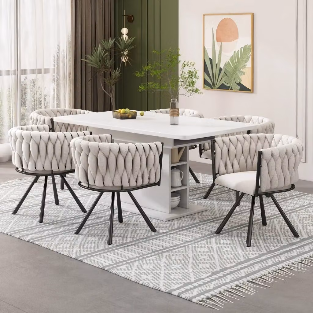 Set di 4 sedie da pranzo OKWISH girevoli a 360 gradi con schienale ergonomico, rivestimento in tessuto e gambe in metallo, disponibili in nero o bianco