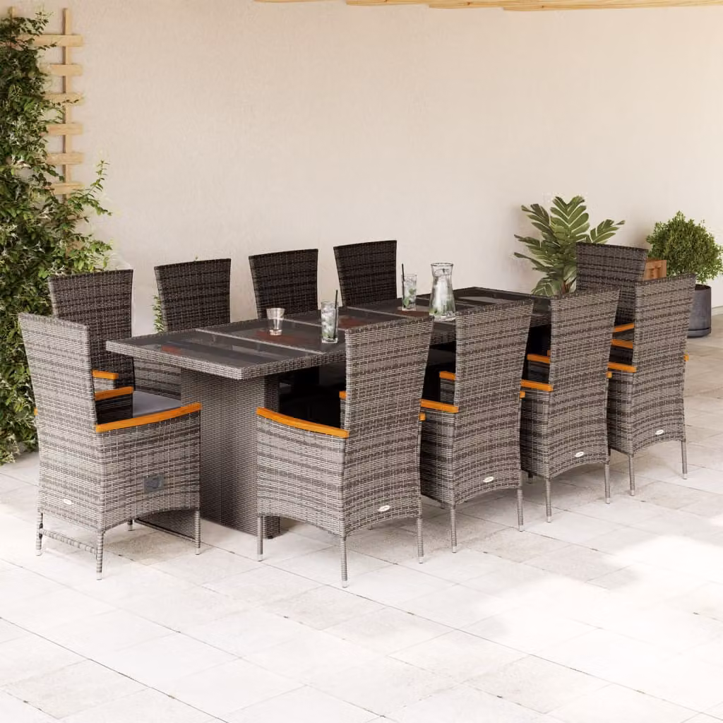 vidaXL Set da Pranzo da Giardino 11pz in Polyrattan e Legno di Acacia con Cuscini Grigio e Nero