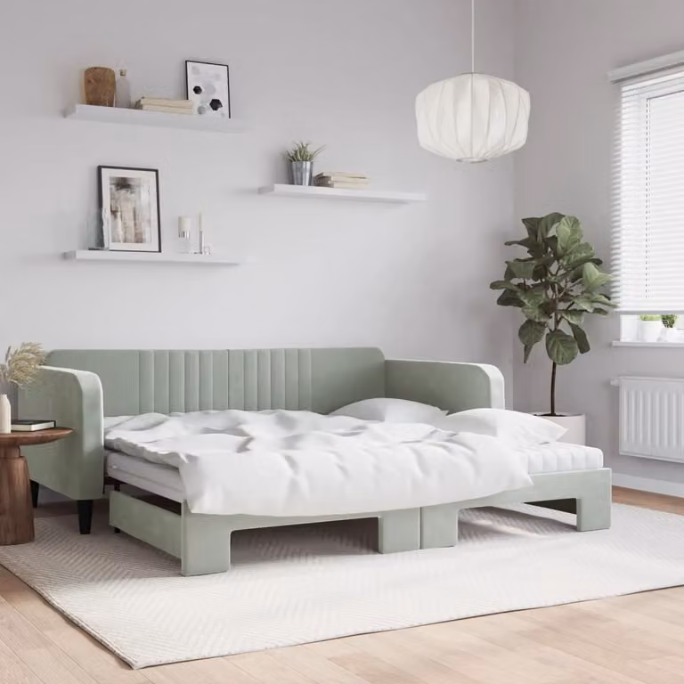 Divano Letto Estraibile vidaXL in Velluto Grigio Chiaro con Materasso 100x200 cm