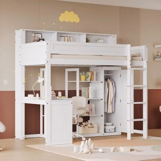 Letto a castello 90 × 200 cm con tavolo, armadio, ripiani e scala a 4 gradini, senza materasso, bianco