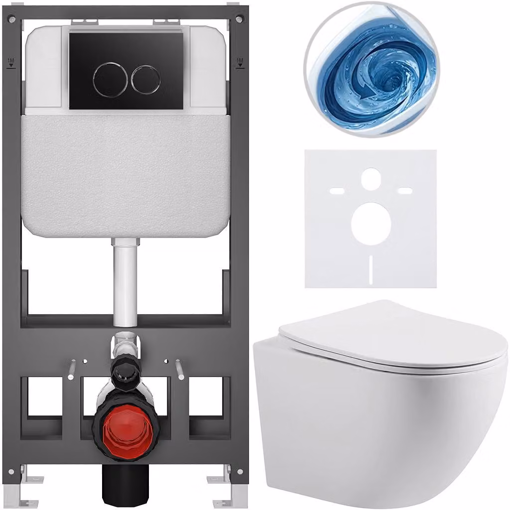 CERANO - Set WC da incasso Cesso - bianco opaco - pulsante Prime/Dualo, nero - a pavimento - installazione pre-parete/cartongesso - 49x36 cm