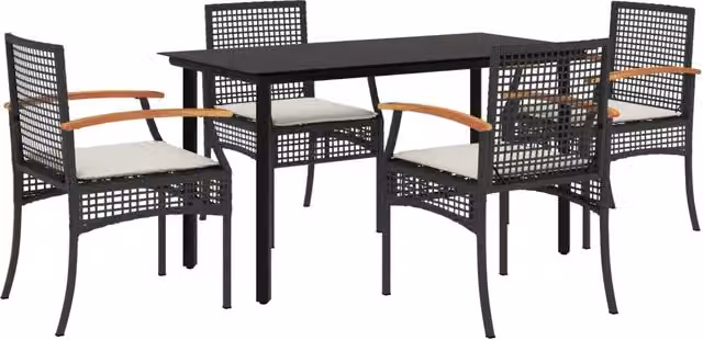 Set da Pranzo da Giardino 5 pz | Set Salotto da Giardino Nero con Cuscini in Polyrattan