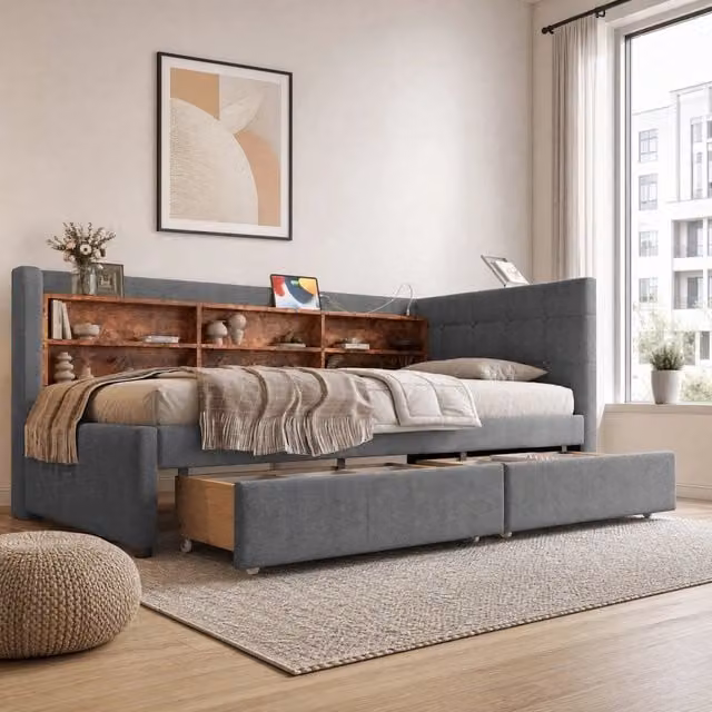 Letto singolo 90x200 cm grigio lino e MDF, 2 cassetti con porte USB, senza materasso
