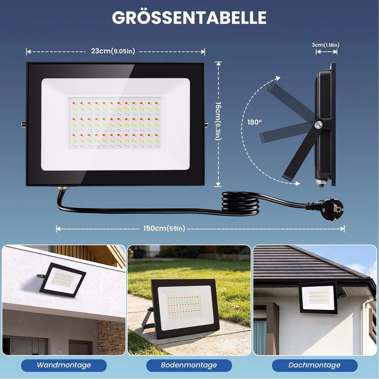 Faretto LED RGB per esterni - 100 W - Grado di protezione IP66 (resistente all'acqua) - Cambio colore - 220–240 V - Con spina - Confezione da 1 pezzo