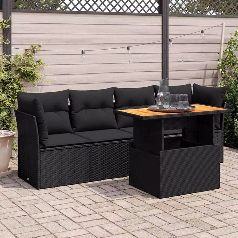 Set da giardino vidaXL composto da 5 pezzi in polyrattan nero con divano a L, elementi angolari, tavolino da caffè e cuscini inclusi