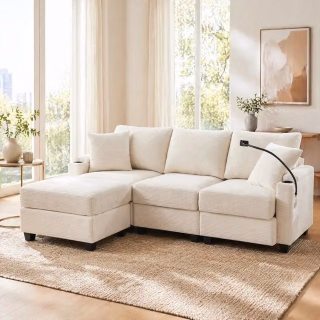 Divano angolare reversibile REDOM in velluto a coste beige con 2 cuscini e ricarica USB L 213,5 x P 139 x H 87 cm