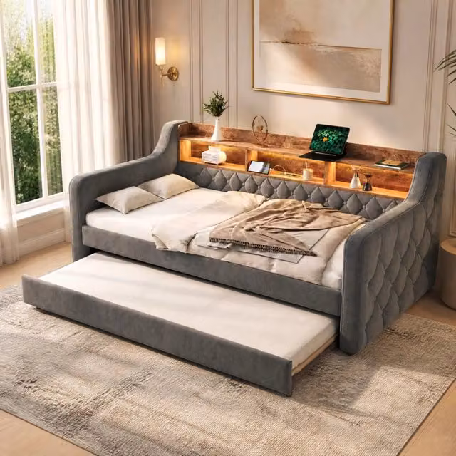 Divano letto MIVRAY con letto estraibile da 90 x 190 cm, rivestito in velluto grigio con illuminazione LED e porta USB-C