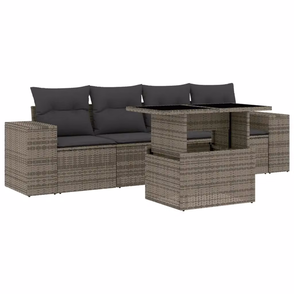 Set da giardino vidaXL composto da 5 pezzi in polyrattan grigio con cuscini e tavolino – 2