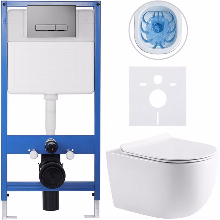 CERANO - Set completo per WC da incasso Lite/Felci - bianco lucido - pulsante WC Slim, grigio scuro - installazione a parete/cartongesso - 52,5x36 cm