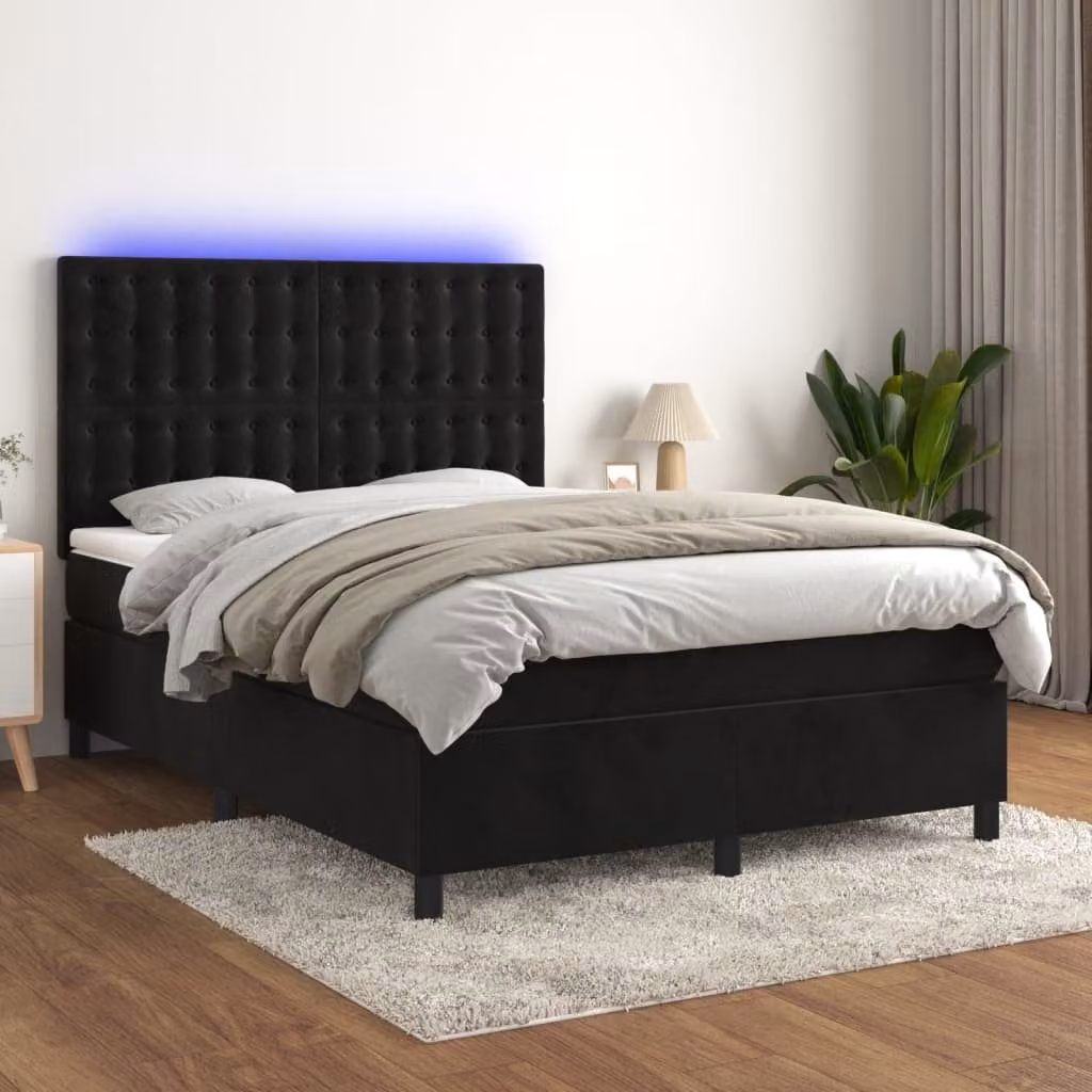 Letto Ibrido vidaXL con Materasso e Illuminazione LED in Velluto Nero 140x200 cm – 1