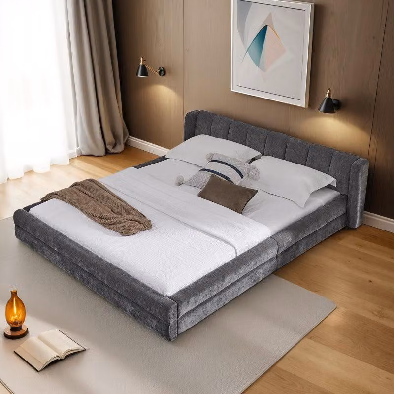 Letto matrimoniale 140×200 cm, tessuto in ciniglia, comodo schienale, robusta struttura in eucalipto e ferro, facile da montare, grigio scuro (senza materasso)