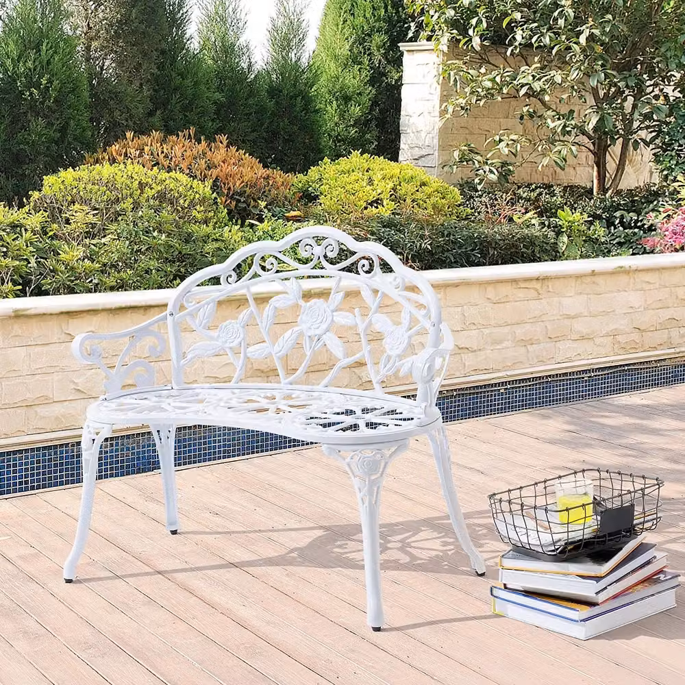 Panca da giardino Monfalcone con motivi floreali in alluminio bianco CASA.PRO – 2