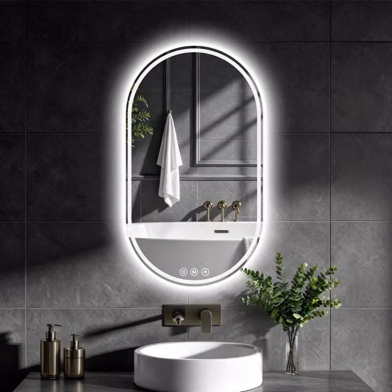 Specchio da bagno a LED, forma ovale, 70x40 cm, senza cornice, con funzione di regolazione dell'intensità luminosa e antigoccia