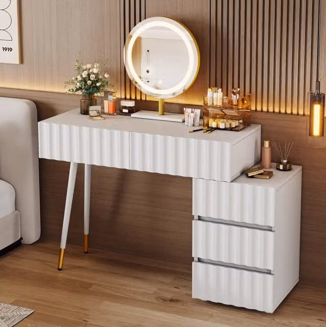 Tavolo da trucco MODFU con specchio LED a 3 colori e 5 cassetti, bianco lucido, L/P/H: 100 x 40 x 127 cm