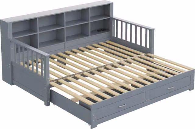 Divano Letto Estraibile in Legno Massello di Pino 90x190 cm con Letto 180x190 cm, Contenitore Laterale con Presa di Ricarica, 2 Cassetti, Struttura con Doghe, Grigio