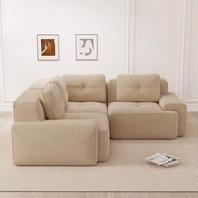 Divano angolare modulare MIVRAY in velluto a coste beige con schiuma 32D e base antiscivolo